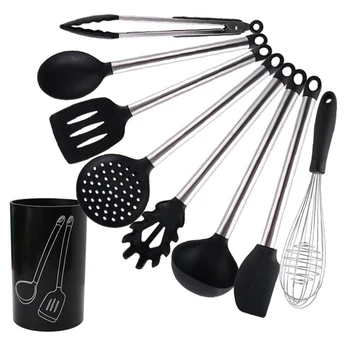

Silicone Kitchenware 8 Piece Set Black Storage Bucket Set Cooking Spoon Shovel 9 Pieces Set Combination Safety