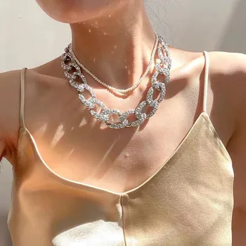 

KMVEXO 2020 New Iced Out Paved Rhinestones Miami Curb Cuban Chain Bling Crystal Rapper Necklaces For Men Women Hip Hop Jewelry
