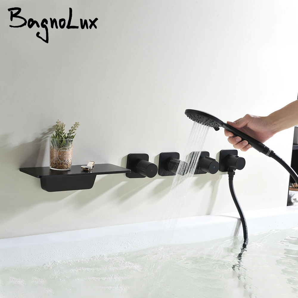 Bagnolux черный латунный водопад носик с ручной душевой головкой отдельный дизайн трехкнопочный горячий и