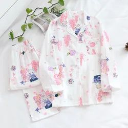 2021 Japanese Spring and Summer Pajamas Two-piece 100% Cotton Gauze Ladies Long-sleeved Cartoon Casual Home Service Suit Thin
