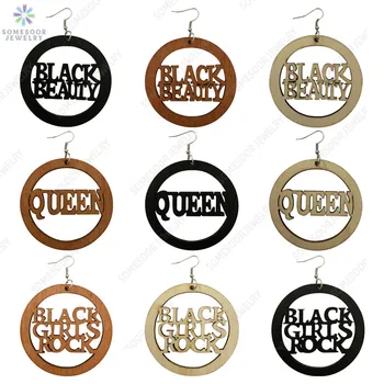 

SOMESOOR Black Beauty Girl Rock African Queen Wooden Drop Earrings Engraved Inspired Words Loops Dangle For Women Christmas Gift