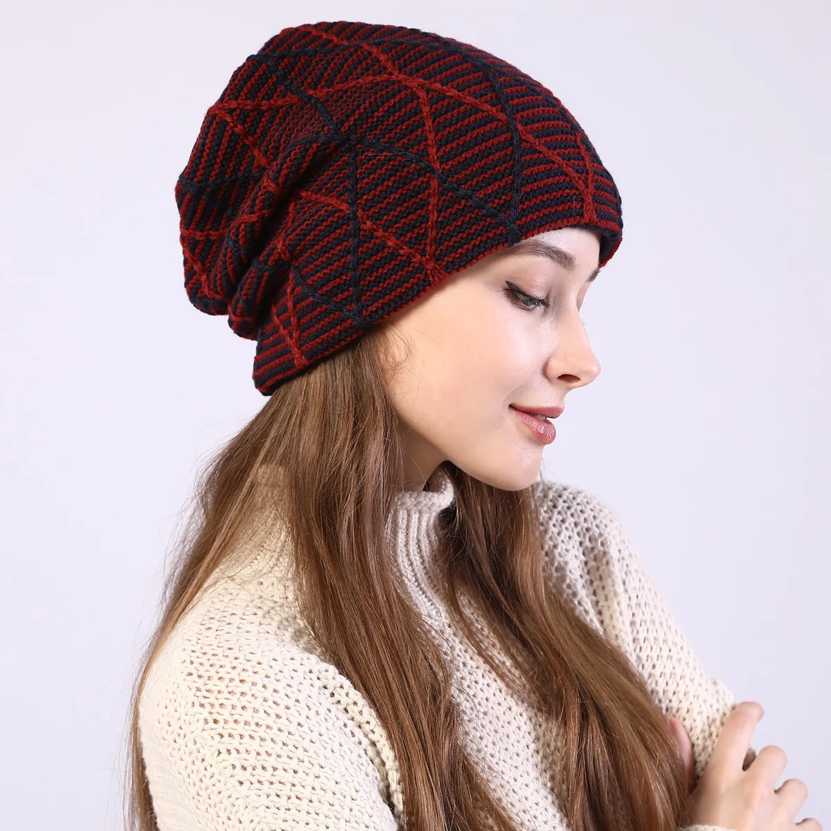 OMEA Diamond Plaid Knitted Beanie Hat for Women Beanies for Ladies Winter Skullies Hat Adjustable Pullover Plus Velvet Beanies