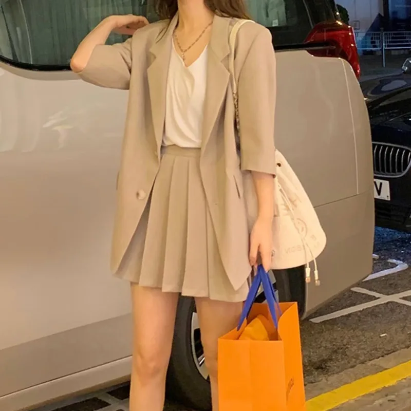 

New Summer Autumn Runway Women Fashion Casual Pleated Skirt Suits Single Breasted Jacket Blazer & Mini Skirt Female 2 Pieces Set