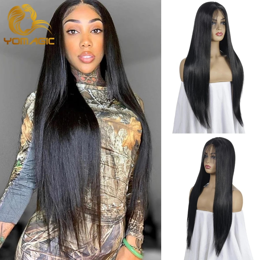 Yomagic Color negro pelo sintético frente de encaje pelucas con minimechones recto sin costuras pelucas de encaje con desplumado para las mujeres