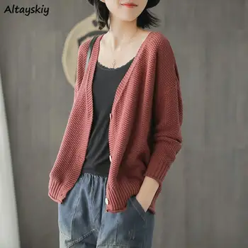 

Cardigan Women Solid V-neck Hem Curled Jumper Quality Knitting Minimalist Vintage Harajuku Spring Oversize Trendy Retro Daily