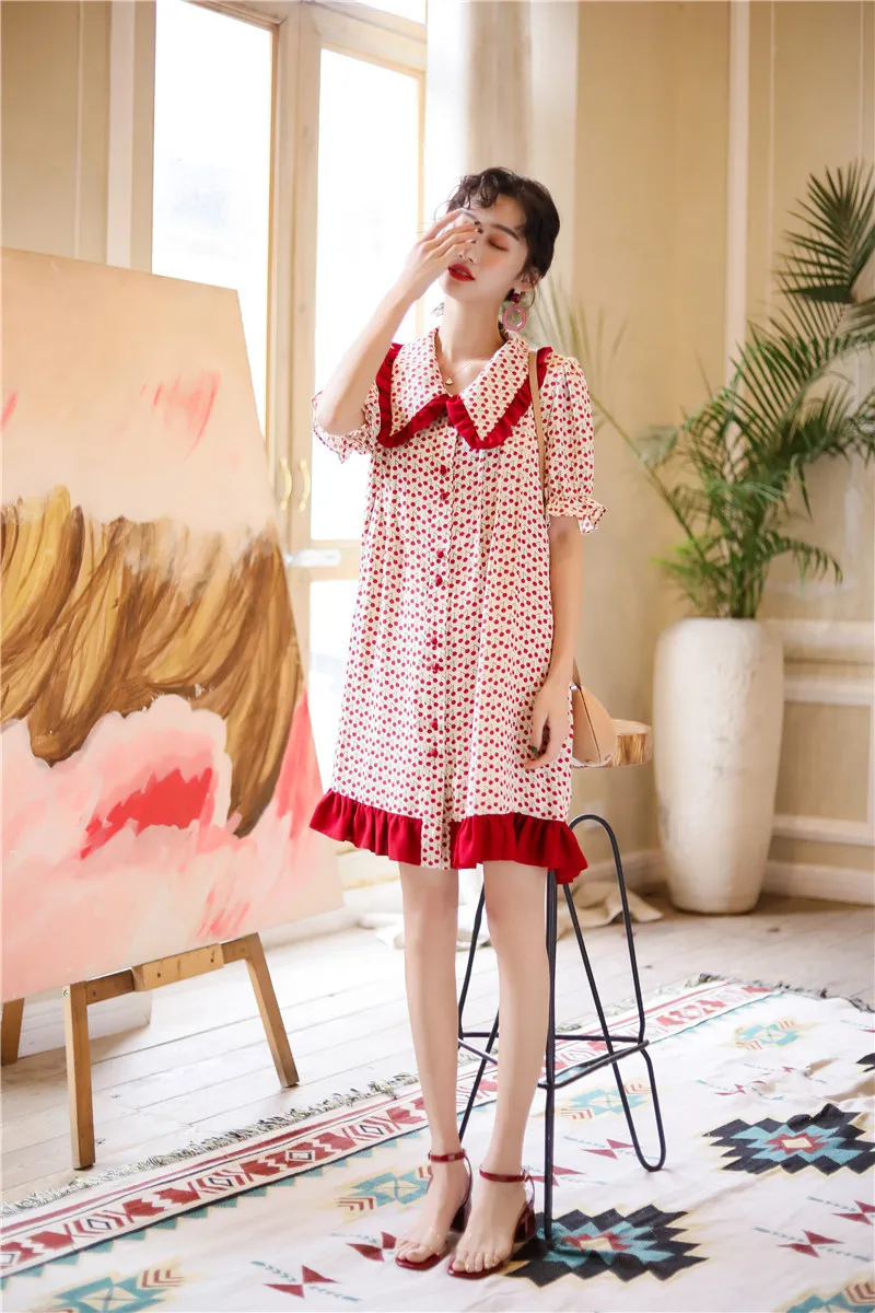 

Mixed Colors Dress Women's 2019 Summer Wear New Style Korean-style Frilled Small Cherry Printed Medium-length Dress