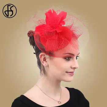 

FS Women Fascinator Hat Red Veils Mesh Cocktail Wedding Party Church Headpiece kentucky Derby Headwear Hair Accessories