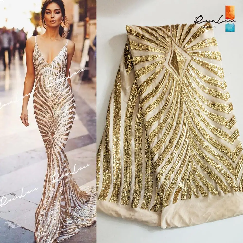 

Elastic Gold Sequins Net Lace Nigeria High Quality 2019 Lace Fabrics Sequined Embroidered Elastic Mesh Lace Prom Wedding Fabrics