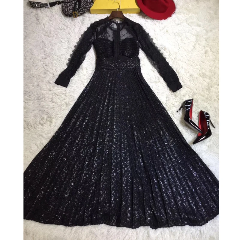 

GoodliShowsi Autumn Black Elegant Women A-Line Dress Lace Patchwork Lurex Long Sleeve Ladies Banquet Party Pleated Dresses