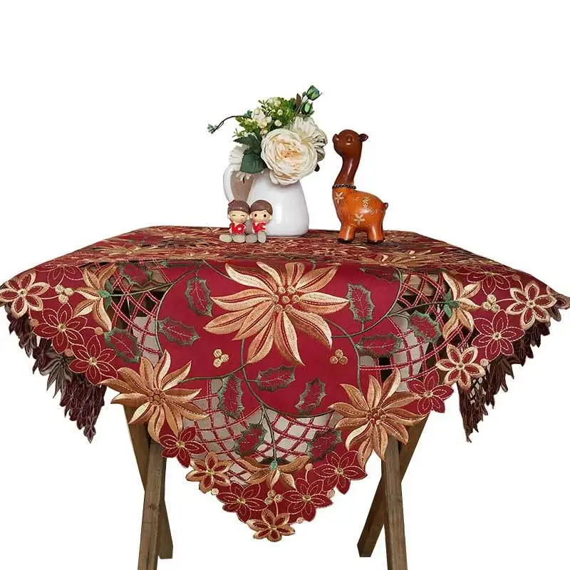 

NEW European Festive Red Cotton Cloth Embroidered Hollow Tablecloth Furniture Electrical Dust Cover Cloth Christmas Tapete Decor