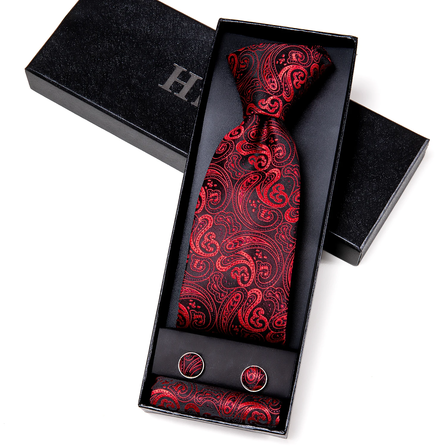 

Hi-Tie Red Paisley Necktie For Men Classic Luxury Men's Tie Silk Large Wedding Gift For Men Hanky Cufflinks Set High Quality