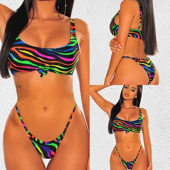 

2020 New Top Choice Split Swimwear Women's Hot Bikini Sexy Swimwear Sleeveless Color Stripe With Breast Pad Swimwear