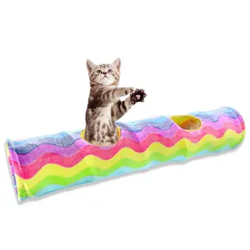 

Pet Cat Tunnel Toy with 2 Holes Cave Bite Resistant Folding Washable Rainbow Roller Tube Kitten Interactive Supplies
