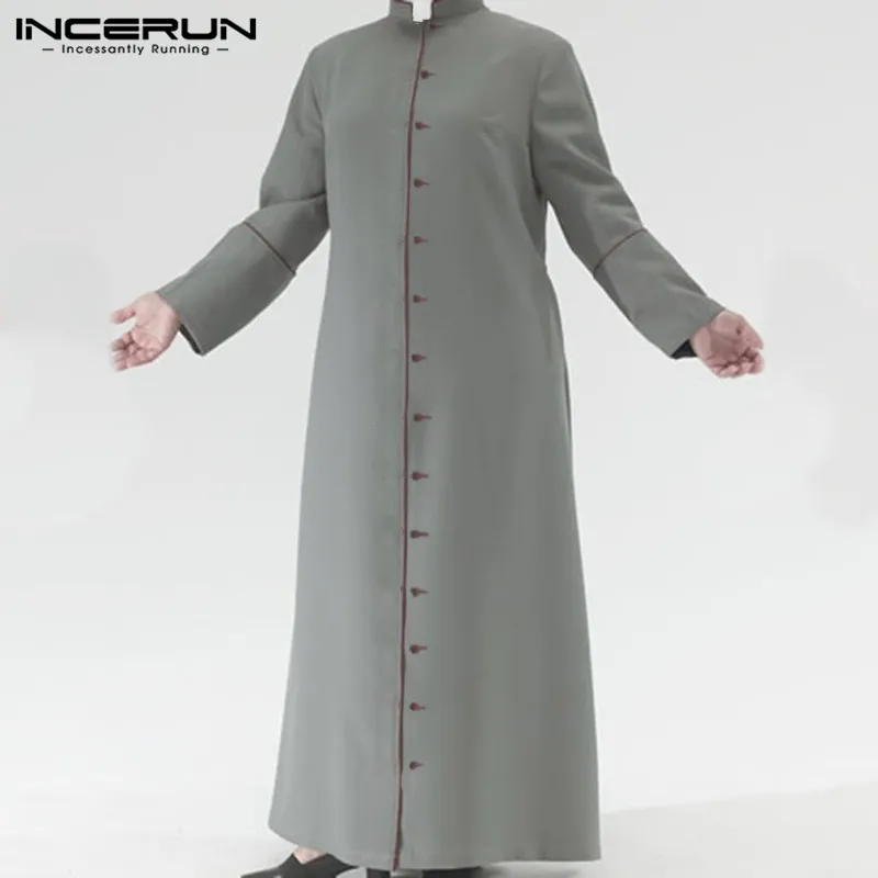 

Vintage Buttons Church Costume Abaya Jubba Thobe INCERUN Mens Solid Muslim Robes Long Sleeve Stand Collar Patchwork Robes S-5XL