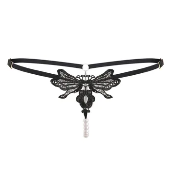 

Luxury Embroidery Pearl Sexy Underwear Women's Transparent Temptation Thong Low Waist Adjustable Size T-head