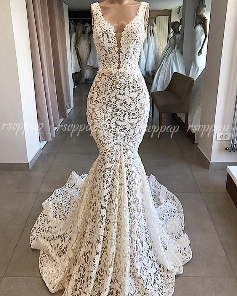 

Vintage V-neck Bridal Wedding Gowns New Mermaid Elegant White Lace Arabic Women Backless Wedding Dresses 2020