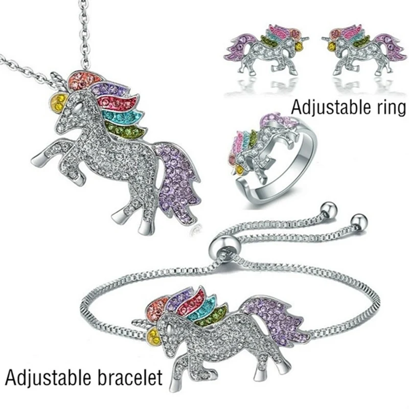 Cartoon Colorful Unicorn Necklace Earrings Bracelet Set Valentine's Day Gift Jewelry