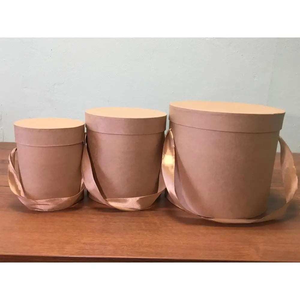 Подарочная коробка. Набор из трёх шляпных коробок с ручками, 3 в 1. Цвет крафт. Коробки для цветов и подарков