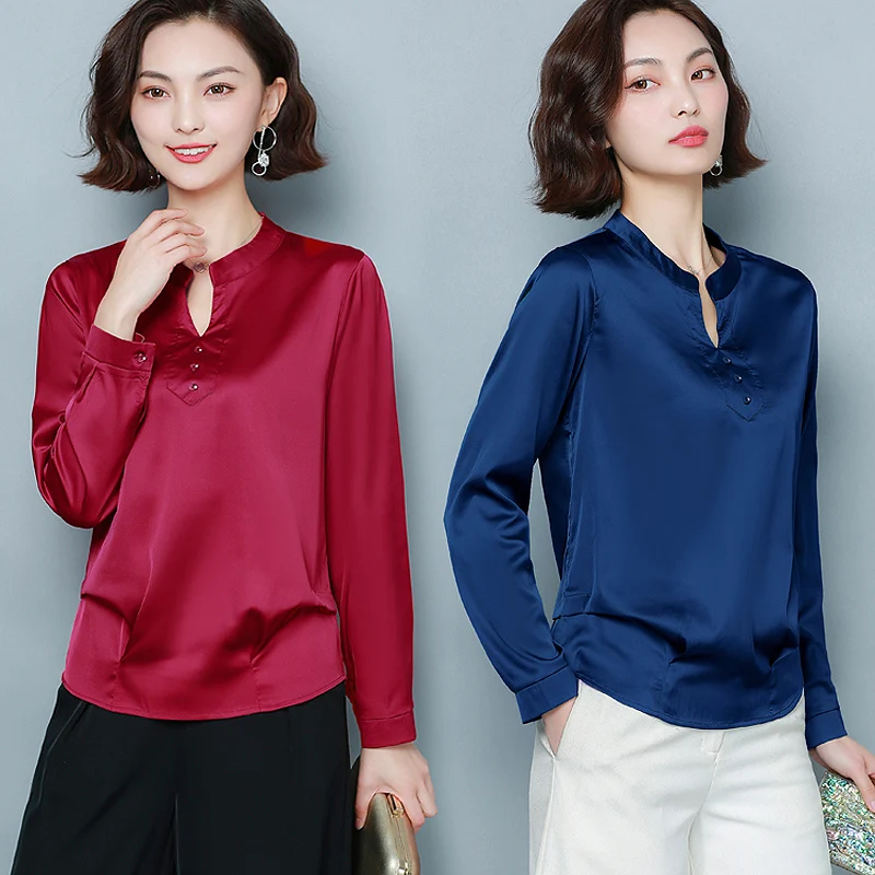 Korean Silk Women Blouses Women Satin Shirts Elegant Woman Long Sleeve Blouse Woman V Neck Shirt Plus Size Blusas Mujer De Moda - 4.00067E+12