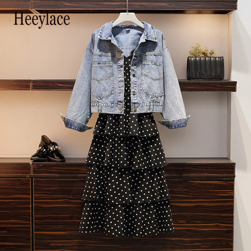 

Plus Size Women Sets 2019 New Autumn Long Sleeve Bf Style Loose Denim Coat+ Dot Print Ruffles Sling Cake Dress 2 piee set Outfit