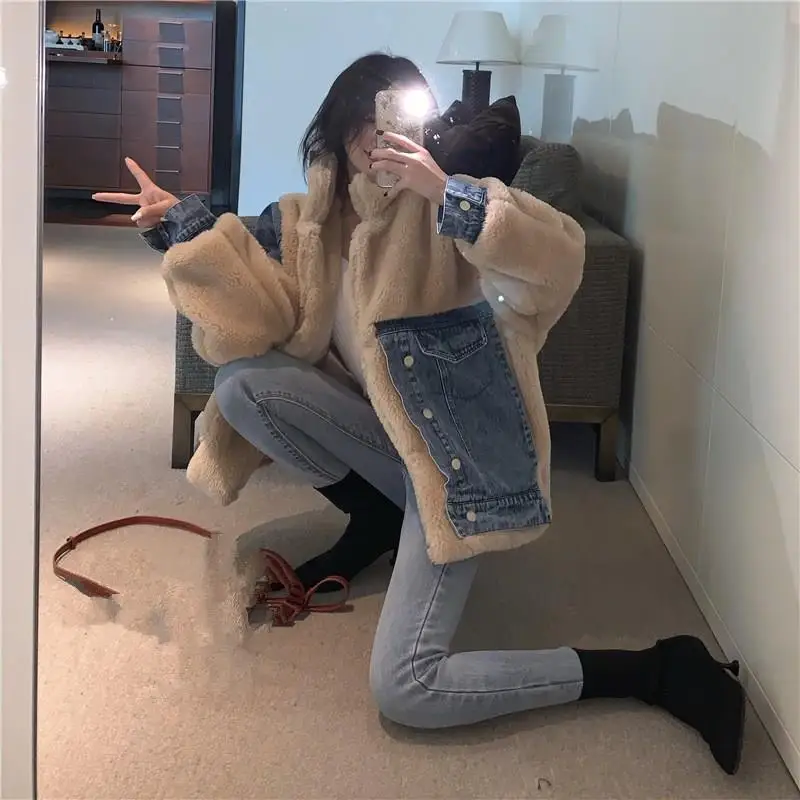 Women Lamb Patchwork Cowboy Jacket Fashion Winter Pockets Denim Jacket Casual Loose Overcoat Loose Coat