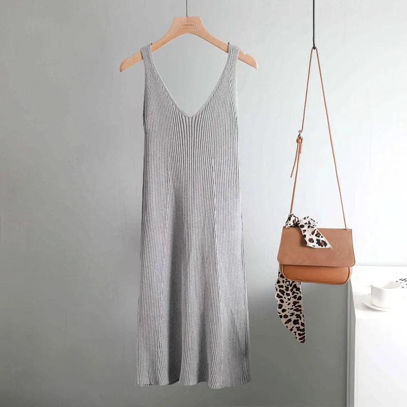 autumn winter Woman thick knit Tank Dress Casual sleeveless sweater dress Camisole Female v-neck camis sexy sweater dress