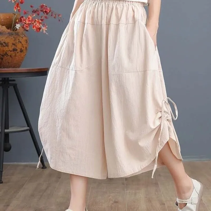 

New Arrival Summer Arts Style Women Loose Casual Elastic Waist Wide Leg Pants All-matched Cotton Linen Patchwork Pants A218