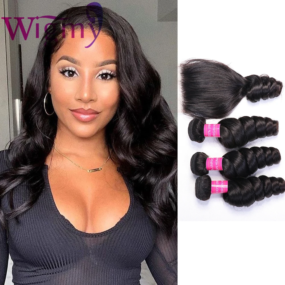 

Wigmy свободные глубокие волнистые пучки с застежкой бразильские волосы волнистые 100% человеческие волосы 3 пряди с кружевной застежкой естественного цвета