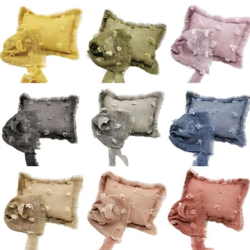 

2 Pcs/set Baby Infants Photo Accessories Tie-dyed Cotton Linen Hat Pillow Set Newborn Photography Props