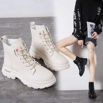 

New 2020 Women Ankle Boots PU Leather Lace-up Autumn Winter Shoes Woman Wedges Female Short Boots Ladies Botas SH09061