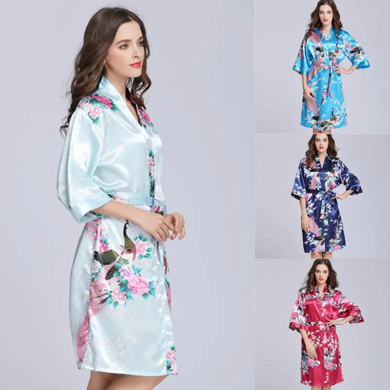 Women´s Satin Robe Kimono Dress Summer Sexy Gown Half Sleeve Floral Print Sleepwear Mini Night Dress Bathrobe