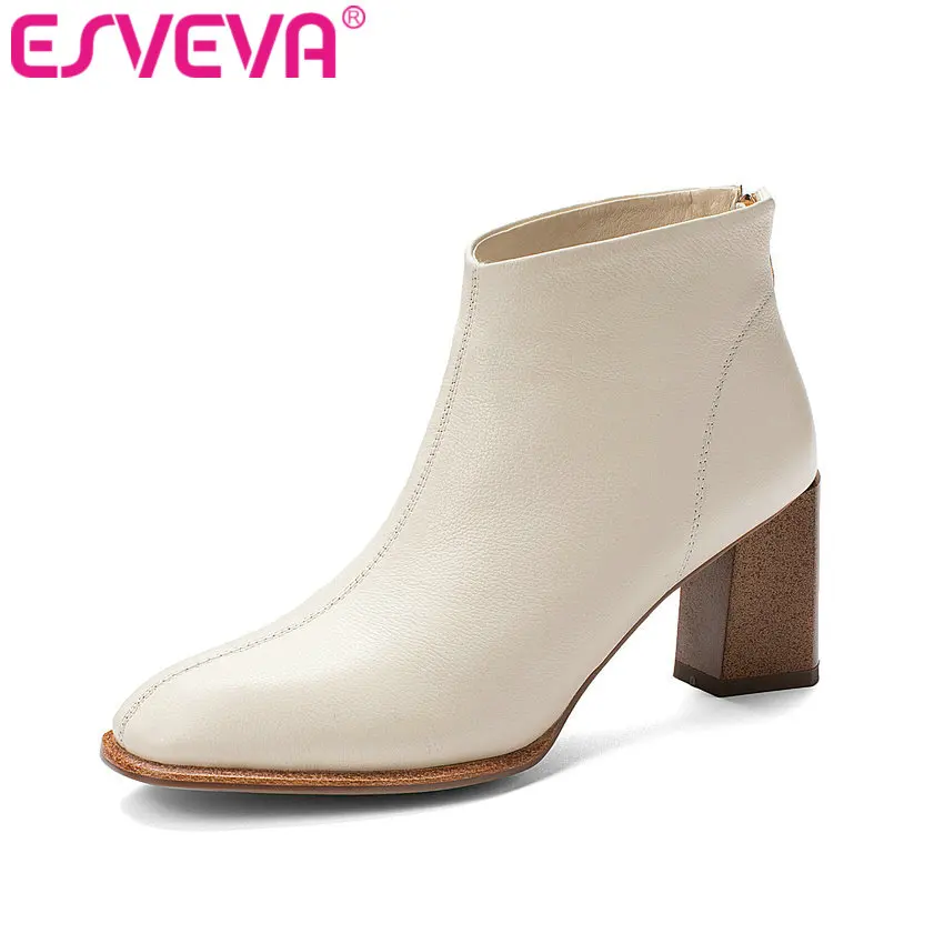 

ESVEVA 2020 Leather+PU Pointed Toe Fashion Platform Ankle Boots Autumn Winter Zipper Square High Heel Women Shoes Size 34-43