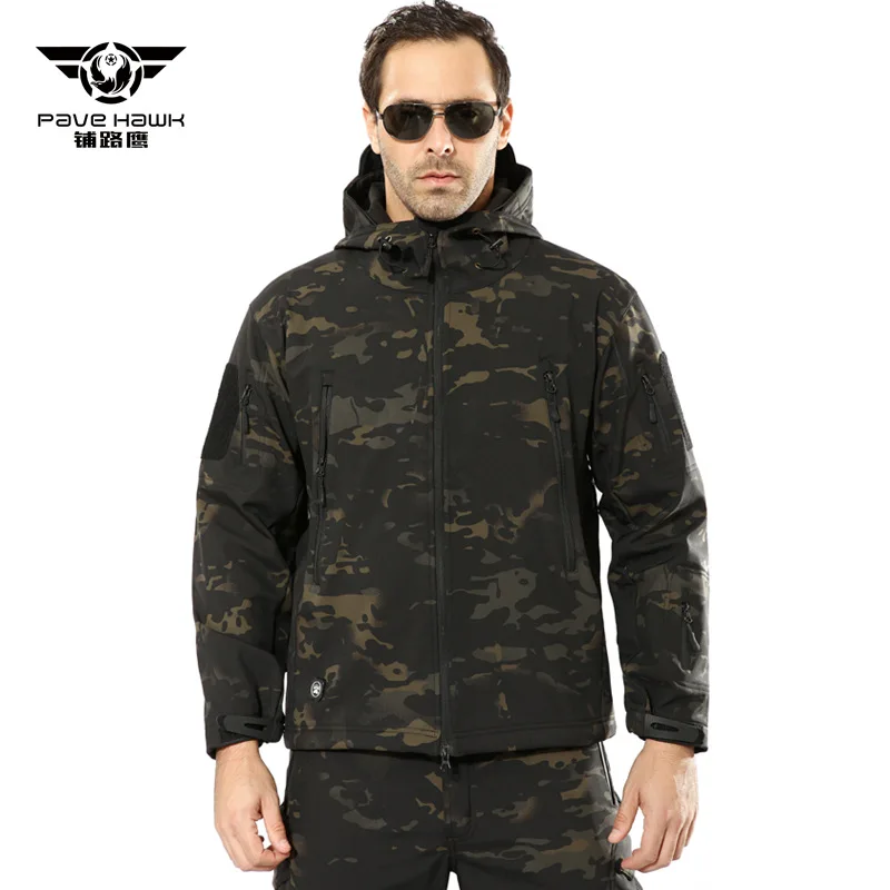 CamouflagTactics Акула кожа софтшелл для мужчин водонепроницаемый тепловой открытый с капюшоном походная куртка лыжная треккинг Кемпинг Рыбалка пальто