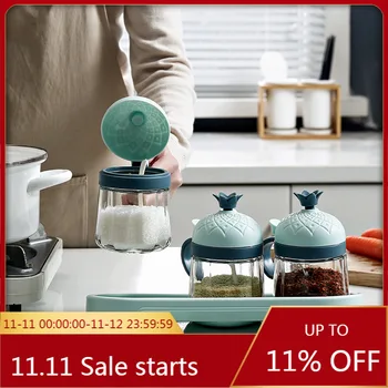 

Nordic Glass Spice Jar with Lid and Spoon Transparent Seasonning Box Salt Pepper Sugar Condiment Bottle Set Kitchen Storage Tool