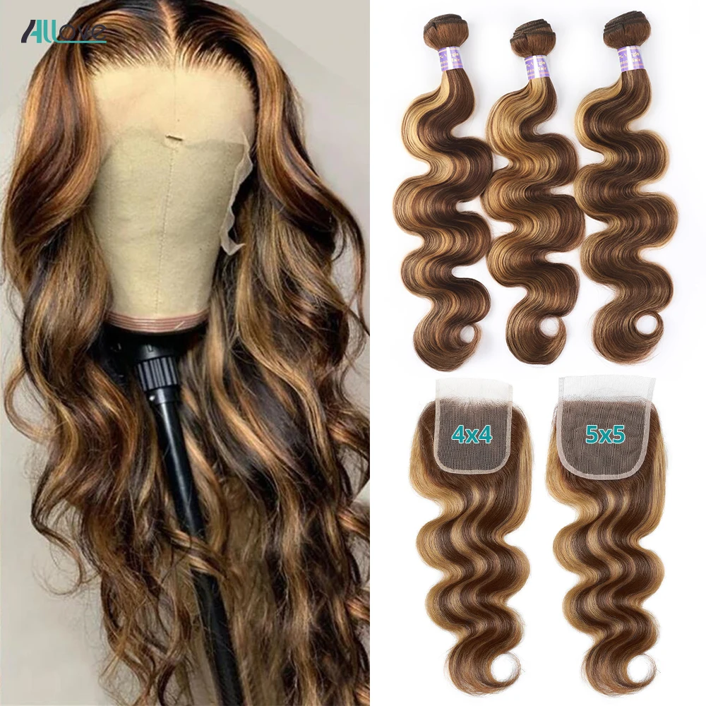 5x5 Closure With Bundles Highlight Bundles With Closure Transparent P4/27 Ombre Honey Blonde Body Wave human hair bundles