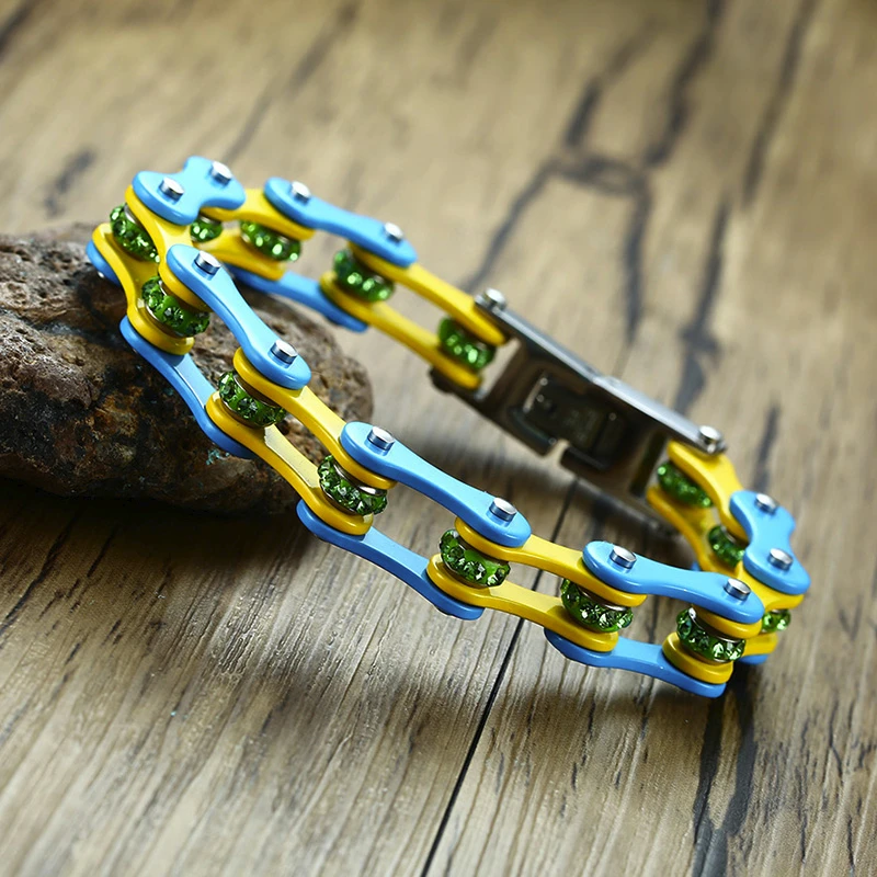 

TRI-TONE BLUE WITH YELLOW CRYSTAL ROLLERS STAINLESS STEEL MOTORCYCLE BIKE CHAIN BRACELET FOR MEN JEWELRY