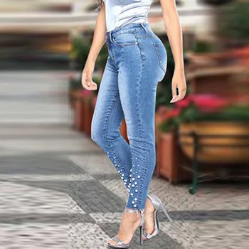 

2020 New Blue Jeans Pancil Pants Women High Waist Slim Pearl Skinny Denim Jeans Casual Stretch Skinny Trousers Jean