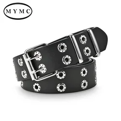 Fashion Men Women Punk Style Belt Adjustable Black Double Eyelet Grommet Metal Buckle Leather Waistband For Jeans