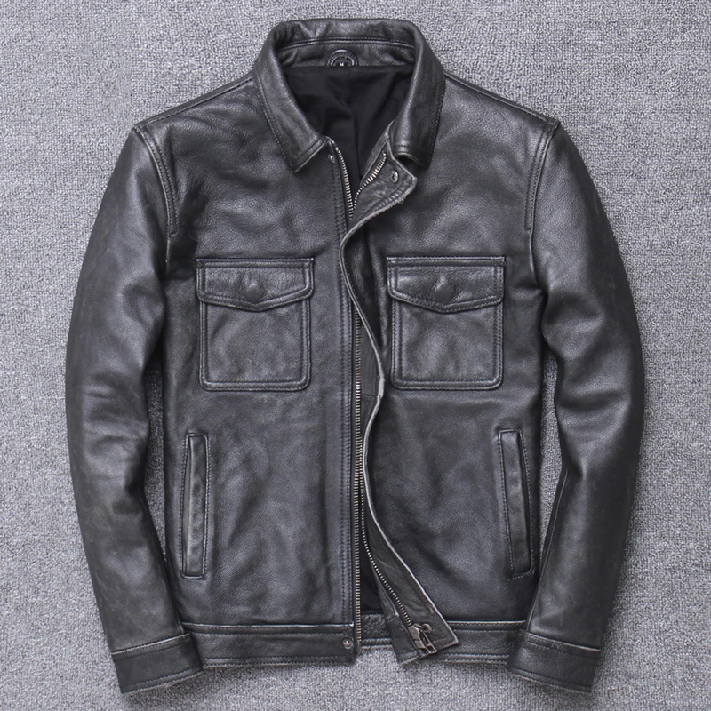 Название бренда Ретро Мужская куртка из коровьей кожи и пальто черный 4XL большие и высокие мужские пальто из натуральной кожи мужское пальто Cowskin A847