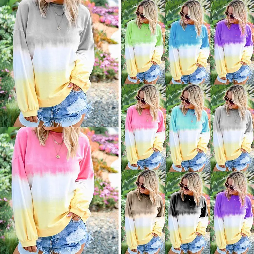 

Fashion Women Loose Rainbow Gradient Long Sleeve Round Neck Pullover Sweatshirt casual Multicolor sweatshirts female