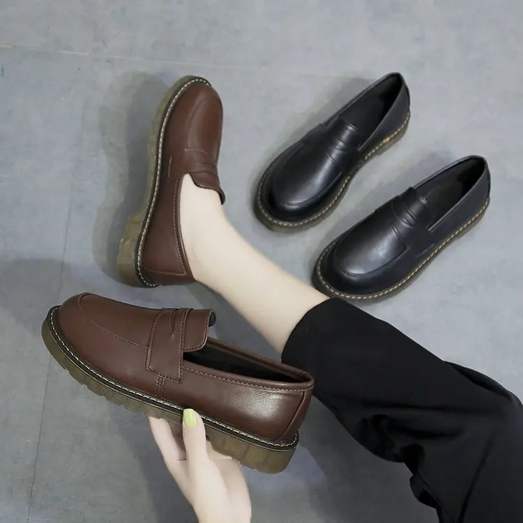 

Casual Woman Platform Shoes 2019 Fashion Women's Oxfords Slip-on All-Match Round Toe Black Flats Ladies' Footwear British Style