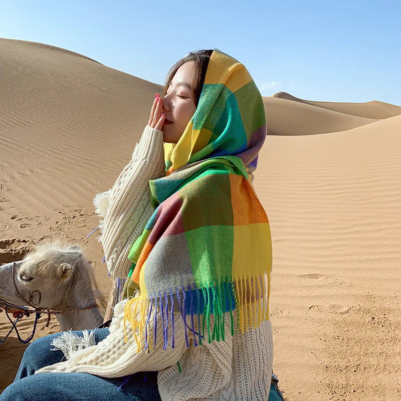 

Fashion Winter Scarf for Girls and Women Scarves Wraps Cashmere Like Shawl Bib Pashmina Hijabs Plaid Bandana Lady Mask for Face