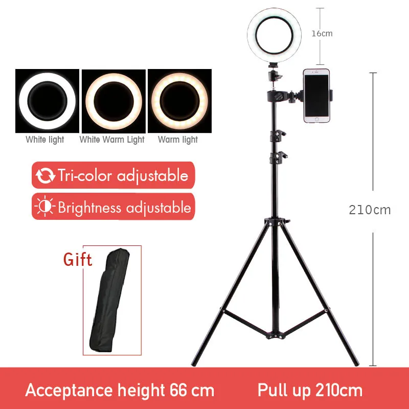 16cm(with 210tripod) Фотография с регулируемой яркостью светодиодный селфи кольцо свет 16/26 телефон кольцо свет с держателем телефона USB разъем Штатив для макияжа видео для студий с живым звуком - Цвет: 16cm(with 210tripod)