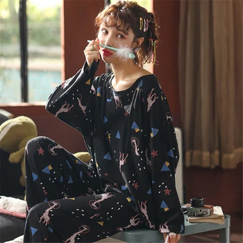 

JULY'S SONG Pajamas Set 2 Pieces Women Cotton Giraffe Geometry Printing Cute Long Sleeve Simple Spring Autumn Sleepwear
