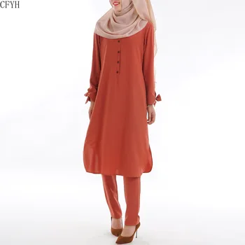 

2 Piece Set Women Abaya Muslim Tops and Pants Suits Plus Size Islamic Clothing Shirt Trousers Ladies Soild Orange Costume