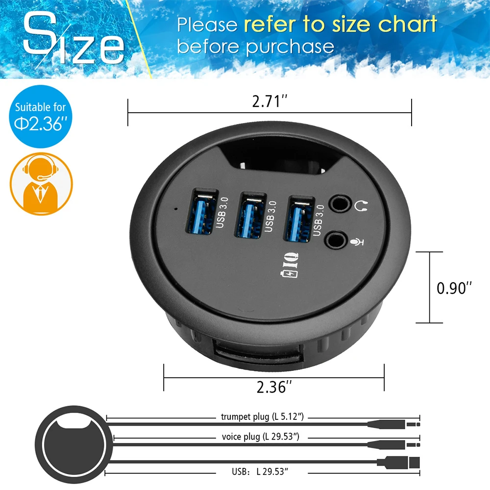 USB HUB USB3 0 Mount In Desk 3 Ports USB 3 0 Ports With Headphone Mircophone Adapter For Desktop computer Multi USB 3 0 Splitter