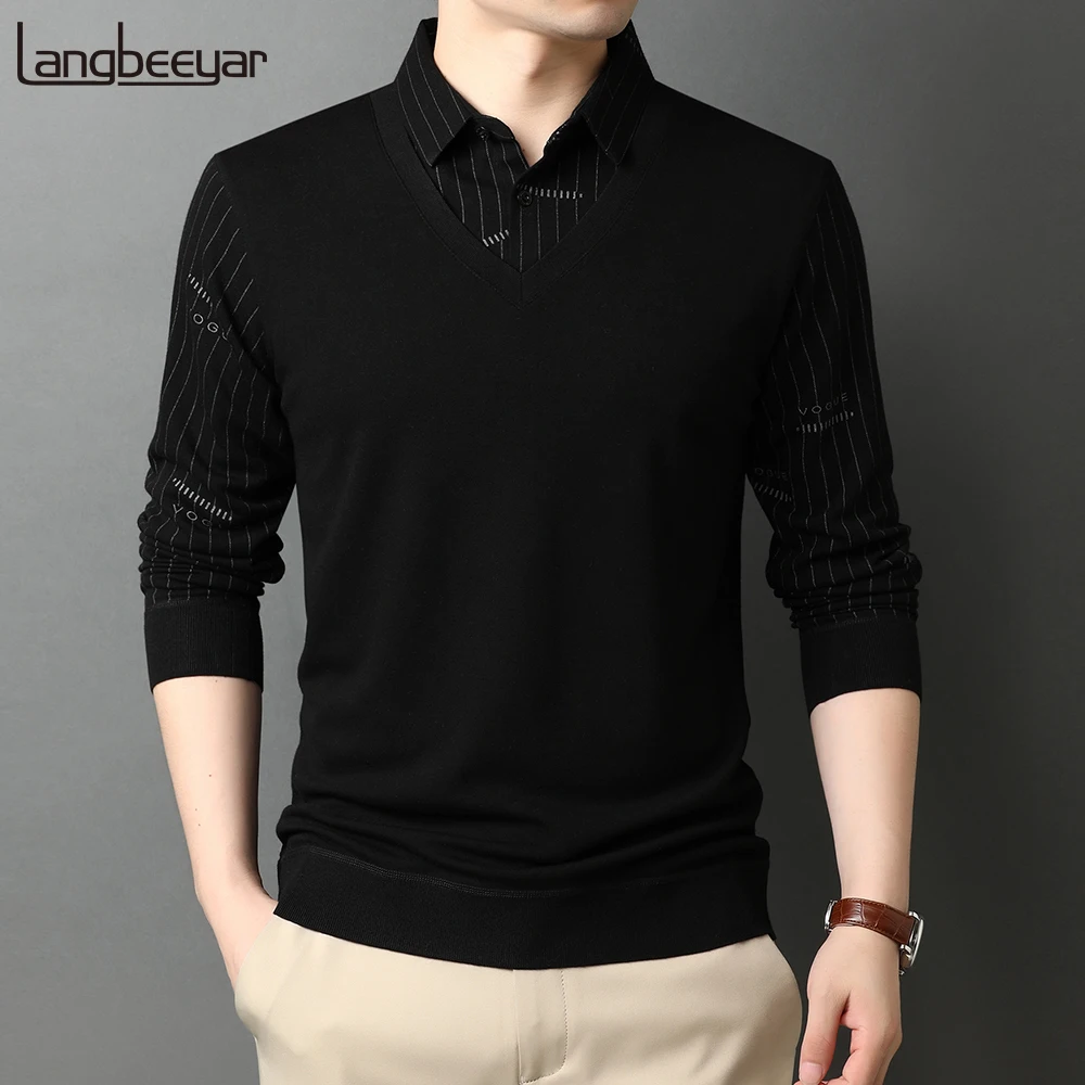 

2020 New Autum Winter Fashion Brand Knit Pullover Men Black Fake Two Shirt Collar Sweaters High Quality Casual Men Clothes