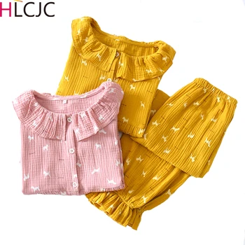 

New Cotton Crepe Pyjamas Women Pajamas Sets Spring Long Sleeve Sleepwear O-Neck Femme Lounge Pijama Mujer Household clothing