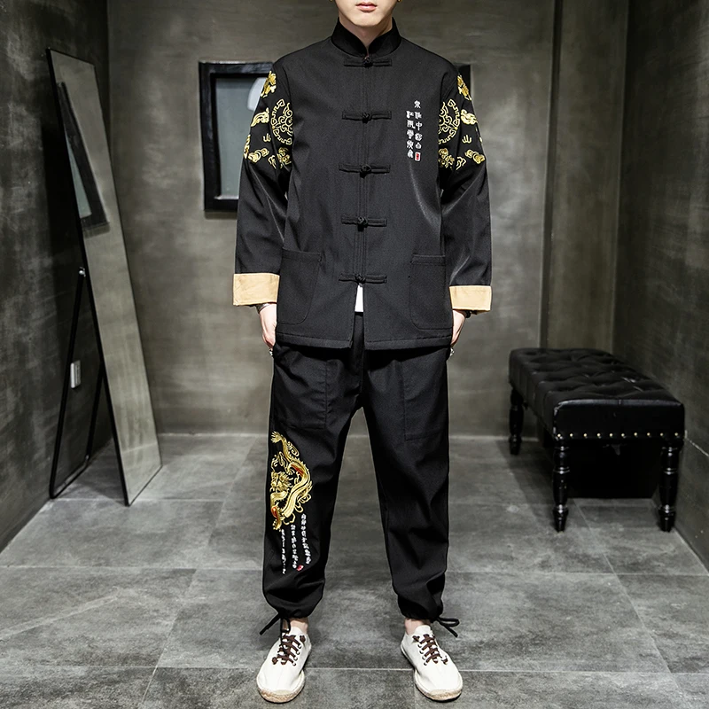 

2020 Spring New Chinese style Embroidery Chinese Dragon pattern Tang Costume hanfu Leisure Youth men Big code black sets