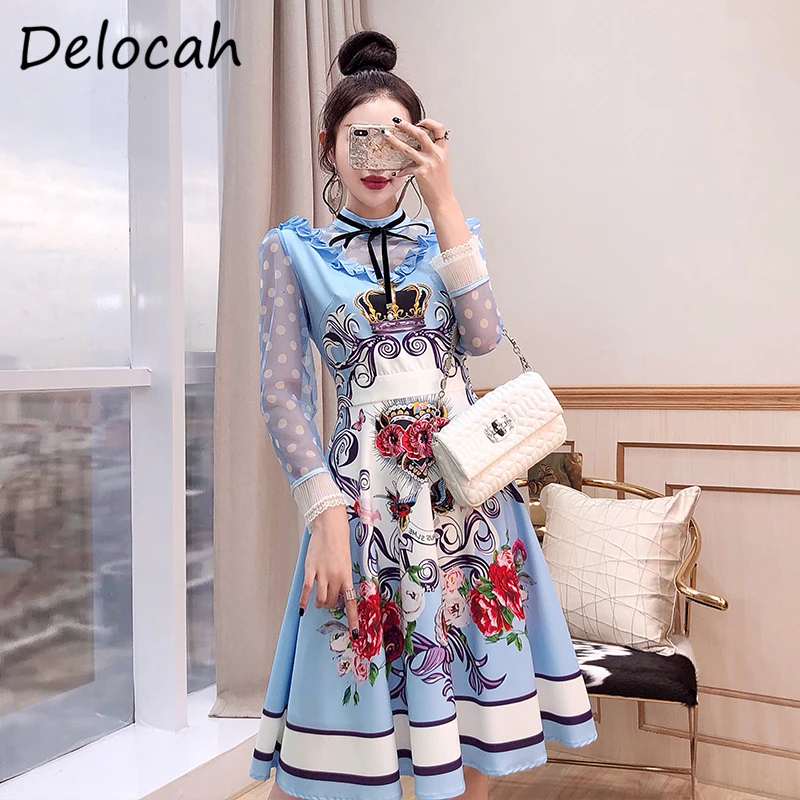 

Delocah Women Autumn Fashion RunwayÂ Party Midi Dress Ruffles Lace Long Sleeve Dot Floral Print Ladies A-Line Dresses vestidos